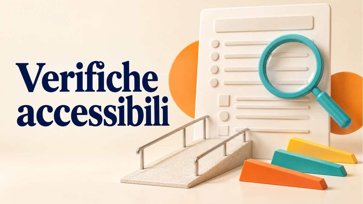 Illustrazione editoriale tridimensionale del tema verifiche accessibili, con testo «Verifiche accessibili».