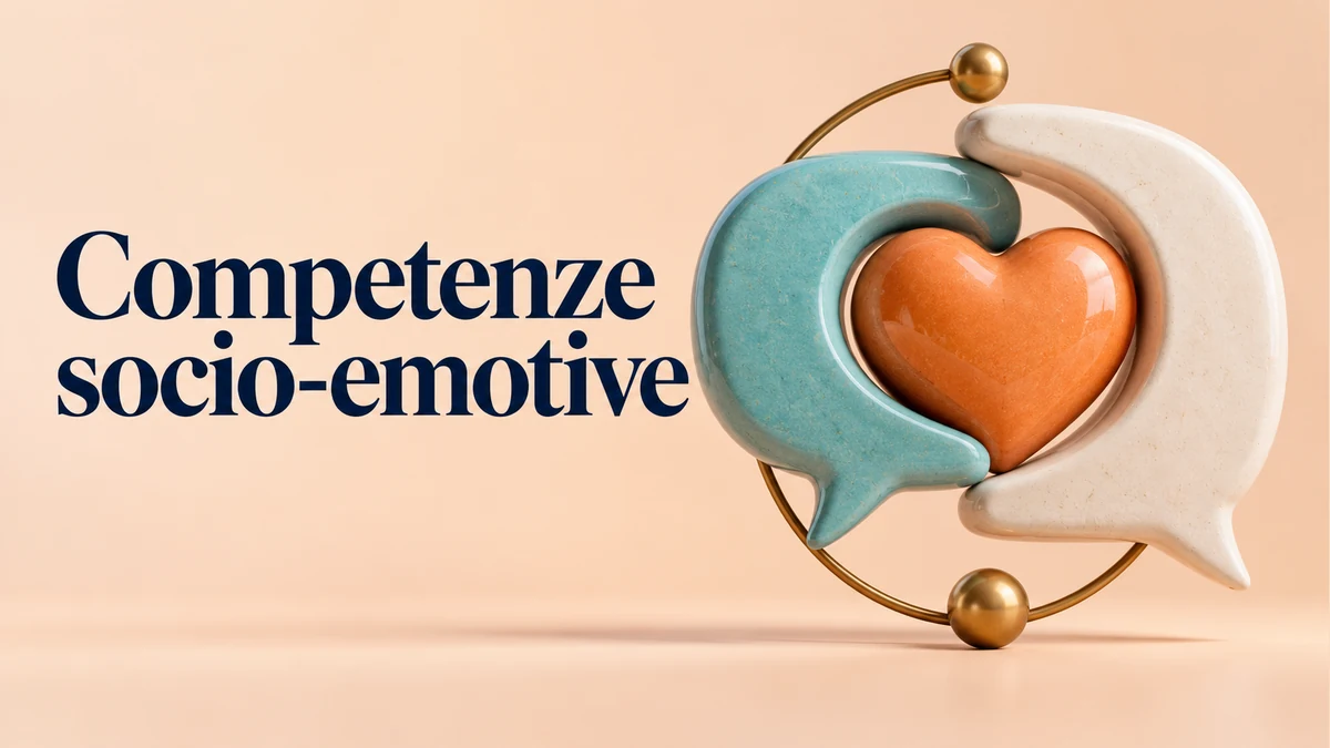 Illustrazione editoriale tridimensionale del tema competenze socio-emotive, con testo «Competenze socio-emotive».