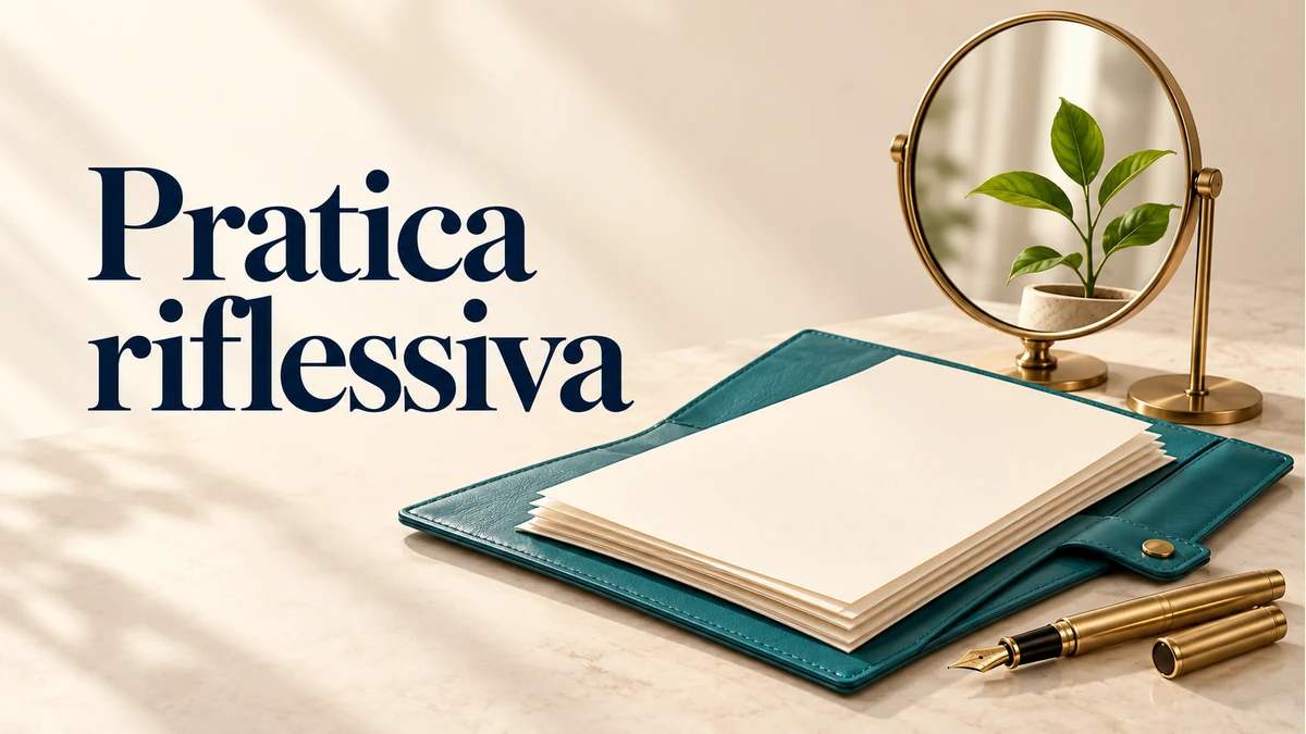 Illustrazione editoriale tridimensionale del tema pratica riflessiva, con testo «Pratica riflessiva».