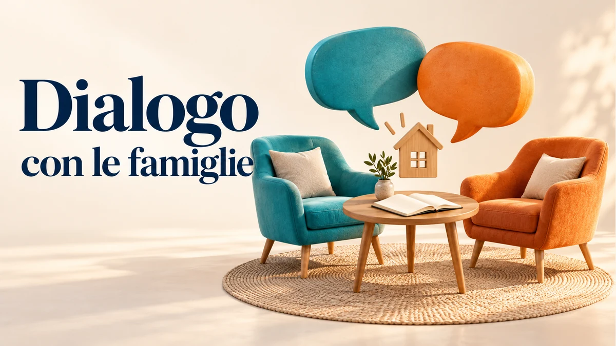 Illustrazione editoriale tridimensionale del tema dialogo con le famiglie, con testo «Dialogo con le famiglie».
