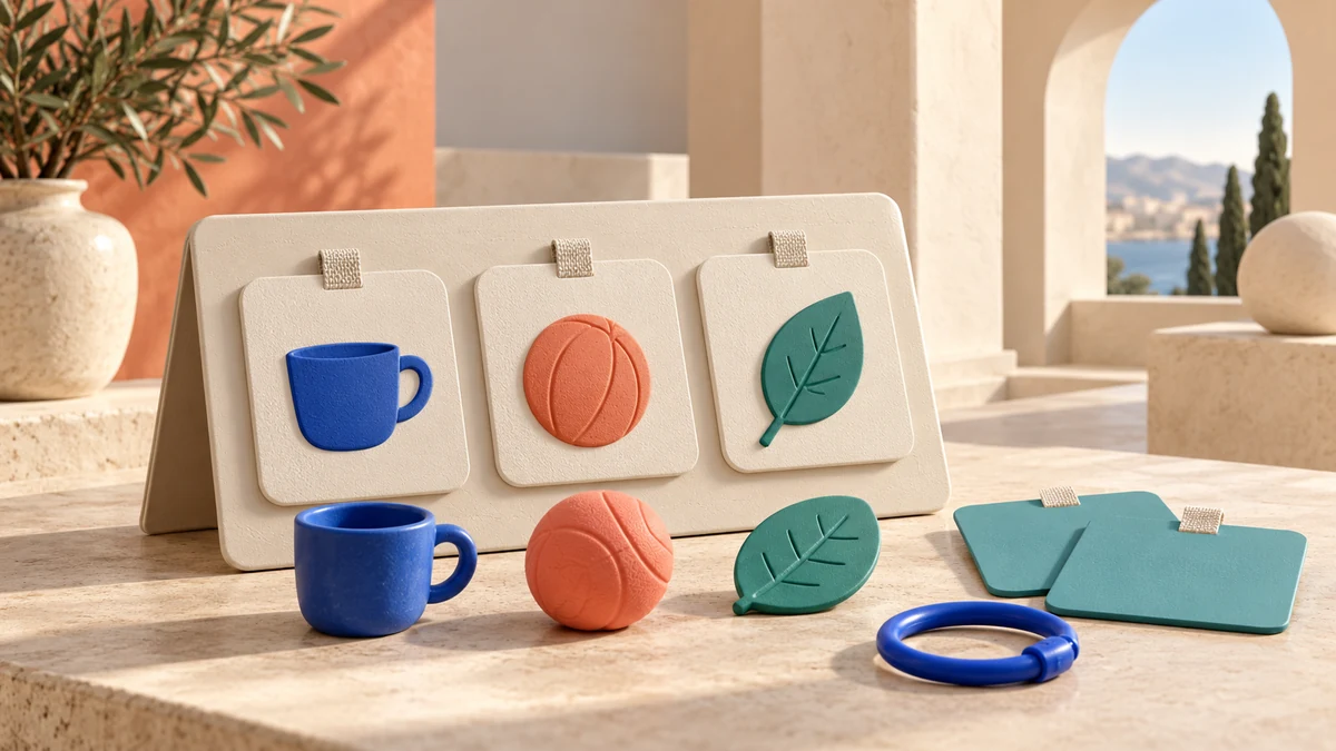 Tavola comunicativa con immagini e oggetti per offrire scelte accessibili ai bambini.