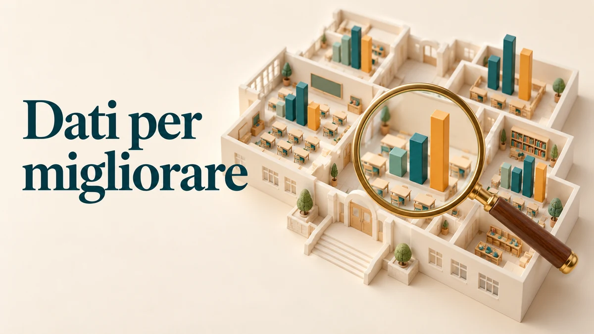 Illustrazione editoriale tridimensionale sul tema dati per migliorare, con il testo «Dati per migliorare».