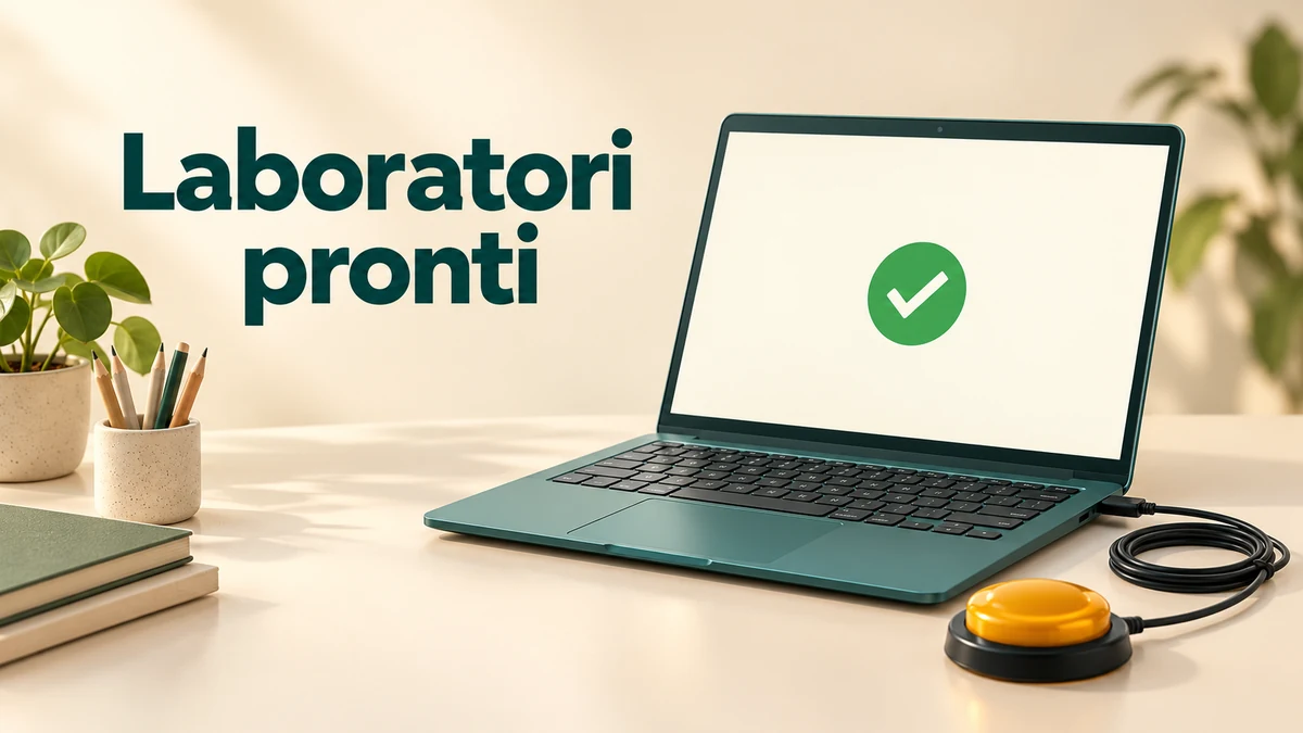 Illustrazione editoriale tridimensionale sul tema laboratori pronti, con il testo «Laboratori pronti».
